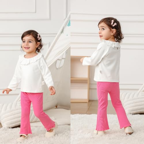 Image of Baby Toddler Girl Flare Pants 4 Pack Girls Ribbed Cotton Leggings | Soft & Stretch,Wide Leg,Comfy Elastic Waistband,Pull-On Style,Solid Color,Ruffle Bell Bottom Pants,Casual Fall Winter Clothes