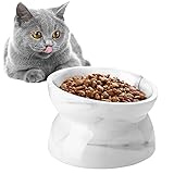 VavoPaw Katze Futternapf, 15 °Kippbare katzennäpfe 200 ML Fressenapf Stabil Keramiknapf rutschfest Katzenfutterspende mit Erhöhtem Wassernapf Futterschüssel für Katze Welpe Kaninchen, Marmor Weiß