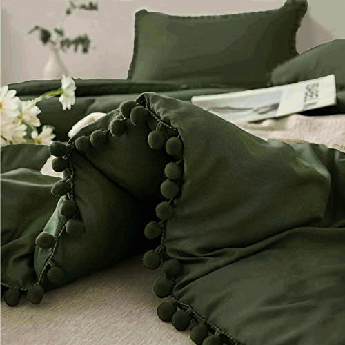 Etdiffe Comforter Set Queen Size Pom, 3 Piece Boho Bed Set, All Season Farmhouse Microfiber Down Alternative Bedding Comforter With 2 Pillow Shams, Solid Olive Green Pompom #TOP3