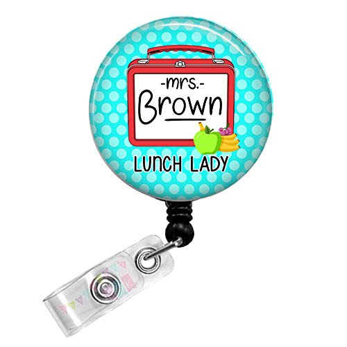 Lunch Box - Pool Blue Polka Dots - PERSONALIZED - Button Badge Reel - BR0156
