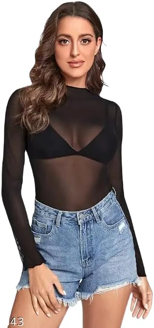 MIRABIWomen's Mesh Bodysuit, Long Sleeve, Sheer, Sexy Shirt Top, Black
