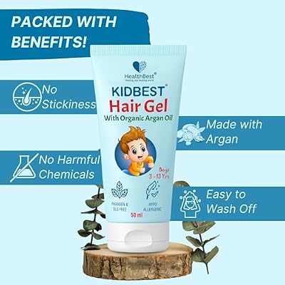 HealthBest Kids Hair Styling Gel for Boys & Girls (Daily Use) with Non Toxic Organic Argan Oil, Drumstick Tree Oil & Kertine, Hair Growth, Damaged Hair, Tear, Paraben, SLS free, 50ml
