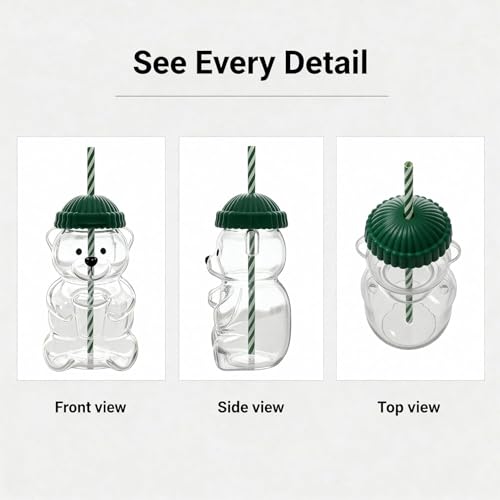 Image of New Cute Bear Glass Cup with Straw & Lid | Teddy Bear Shape Glass Mug 600 ml Big Size | Glass Tumbler with Metal Lid & Silicone Cap | Clear Starbuck Coffee Mug | Transparent Drinking Glasses