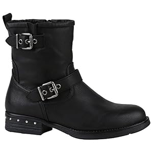 stiefelparadies Gefütterte Damen Biker Boots Schnallen Prints Stiefeletten Schuhe 149753 Schwarz Bernice 39 Flandell
