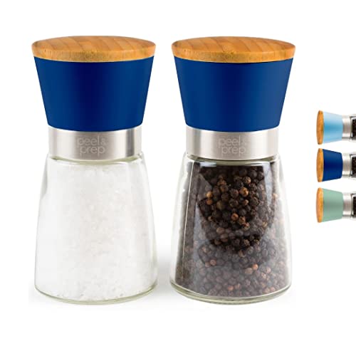 peel & prep Salt and Pepper Grinder Set - Premium Quality Ceramic Grinder - Refillable - Season to Perfection with an Adjustable Grinder - Wooden lids to retain Freshness - Large Capacity (Ink Blue)