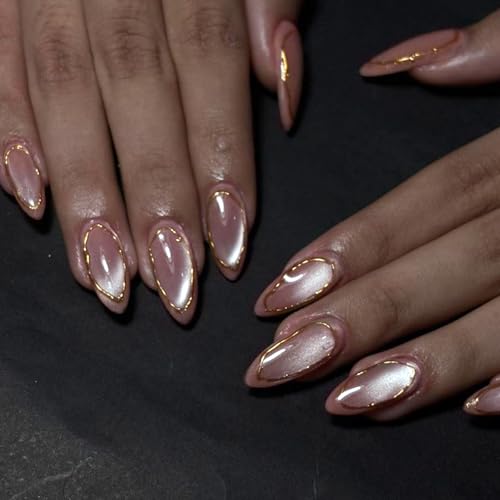 VOTACOS Cat Eye Acrylic Press on Nails Almond Medium Light Pink Acrylic Fake Nails Press Ons with Designs Gold Glue on Nail for Women 24PCS Reusable Artificial Stick on False Nail with 3D Line Designs — view 2