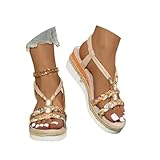  Minetom Sandales Compensées Femme Été Boho Confortable Bout Ouvert Plateforme Chaussures à Talon Compensé A2 Beige 41 EU