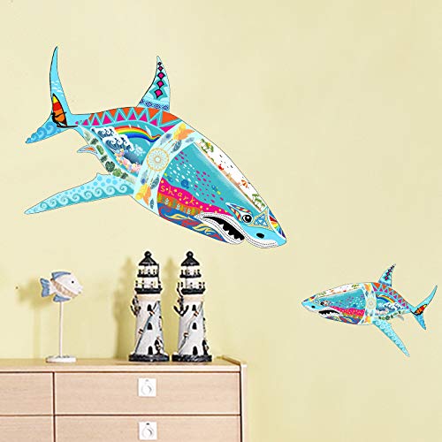 Pinenjoy Great White Shark Wall Decal Colorful Mandala Pattern And Seaside Beach Scenery Wall Stickers 23X15Inch Removable Self-Adhesive Vinyl Sea Animal Wall Clings For Bedroom Living Room Headboard #TOP6