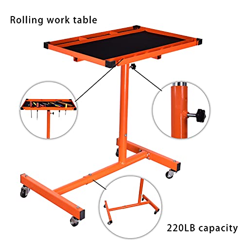 Aain A052 Mechanics Rolling Work Table, Adjustable Mobile Tray Table For Shop, Garage, Diy. Tool Tray Cable With Wheels. 220 Lb. Capacity #TOP3