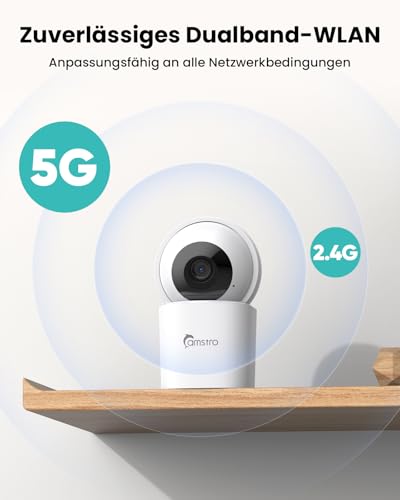 CAMSTRO 3K Überwachungskamera Innen (5MP), WLAN Kamera mit 355° Schwenken & 120° Neigen, 2,4/5GHz Dualband, 24/7 Aufnahme, Nachtsicht 10 m, Zwei-Wege-Audio, SD-/Cloud-Speicher, Kompatibel mit Alexa