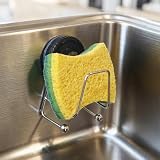 Aenfaiy Sponge Holder for Kitchen Sink with Strong Suction Cup (1 Pack), Removable Stainless Steel Dish Sponge Holder Inside Sink, Versatile Kitchen Sponge Caddy with Hooks, Drainage Design