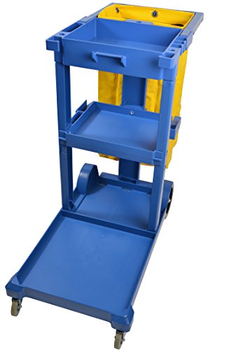 Image of Janico 1050BL Janitor Cart Commercial Housekeeping Utility Cart with 3 Shelfs, 25 Gallon Zippered Yellow Vinyl Bag, Blue, Pack of 1