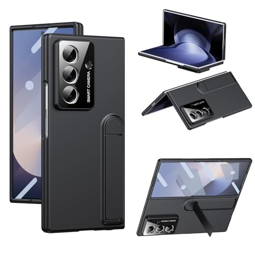 Fitudoos Funda para Samsung Galaxy Z Fold 7,con Soporte y Cristal Templado Protector de Pantalla, Antideslizante, Agradable para la Piel Mate Funda-Negro