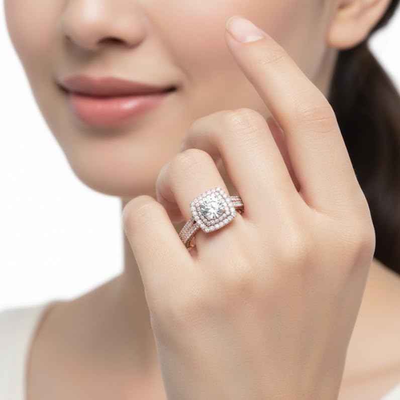 Image of 55Carat Choose Your Gemstone Double Band Square Halo Diamond CZ Ring 18K Rose Gold Plated Round Shape Halo Engagement Rings Everyday Jewelry Wedding Jewelry Handmade Gifts for Wife US Size 4 to 12
