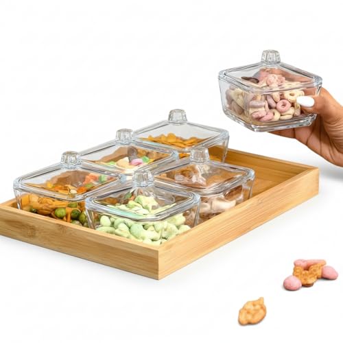 Image of 275ml Glass Dry Fruit Serving Bowl Set of 6 with Glass Lids & Bamboo Tray | Snack, Mukhwas, Namkeen, Candy Storage Containers | Transparent Fancy Serveware for Dining Table