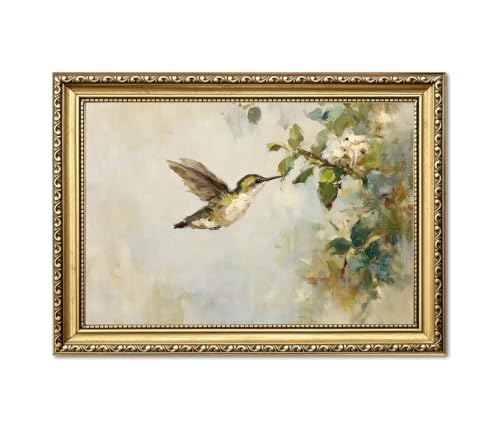 Hummingbird Wall Art Vintage Bird Floral Wall Decor Picture Rustic Cottagecore Animal and Botanical Canvas Painting Print for Living Room Bedroom Bathroom 12x16 inch Gold Framed by LHUASM - Used condition - US$23.95