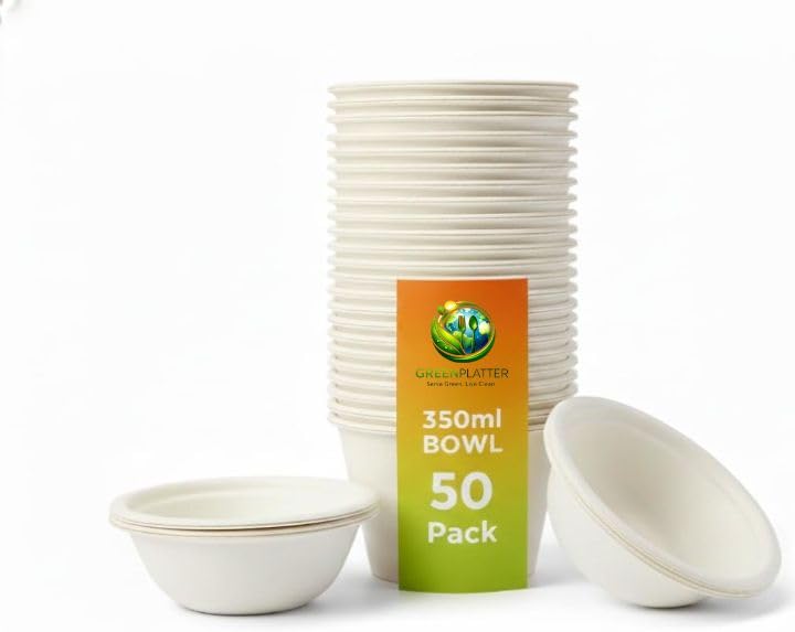 Greenplatter Premium Bagasse Bowls (350 ml, Pack of 50) - Disposable Compostable Sugarcane Paper Bowl, Heavy Duty, Microwave & Freezer Safe, Ideal for Parties (350 ml)