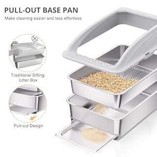APPKER 23.6"x15.7"x13.78" Stainless Steel Sifting Litter Box with Lid, XL Sifting Design for Pine Pellets, High Sides Metal Litter Box for Big Cats 7.9in Deep, Easy-to-Clean Removable Drawer Pan