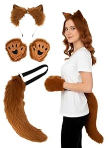 Brauner Fuchs Kostüm & Zubehör-Set für Erwachsene - Handschuhe, Ohren & Schwanz - Einheitsgröße - Karneval & Motto-Party