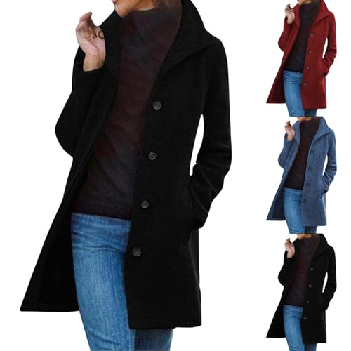 Celanisai Abrigo de invierno para mujer elegante abrigo de lana largo gabardina manga larga solapa chaqueta de invierno cortavientos una hilera chaqueta de punto chaqueta color sólido invierno cálida - imagen 2