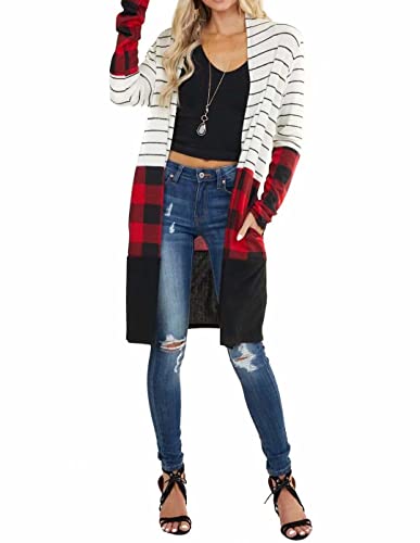 Lacozy B09DCQQSG7_CA NARF Womens Open Front Stripes Long Knit Cardigan Colorblock Sweaters Pockets Buffalo Plaid Shirts Tunics Stripe Medium cover
