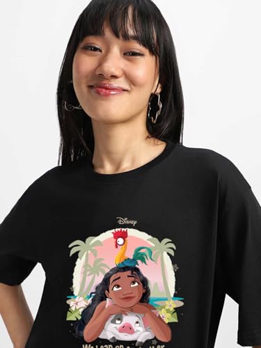 Image of JUNEBERRY 100% Pure Cotton Oversized Baggy Fit Official Disney Merchandise Cool & Goofy Graphic Printed T-Shirt for Women (Characters: Moana, Pooh & Lion King)