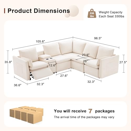 Image of 5-Seater Power Reclining Sectional Sofa Set with Storage Console, Wall-Hugger Recliner Sectional Couch with Cup Holders, Reclining Sectional Couch for Living Room (Chenille, Beige)