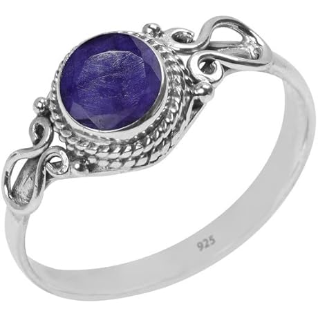 Round Blue Sapphire Stone Ring - Sterling Silver Rings for Women - US Size 5