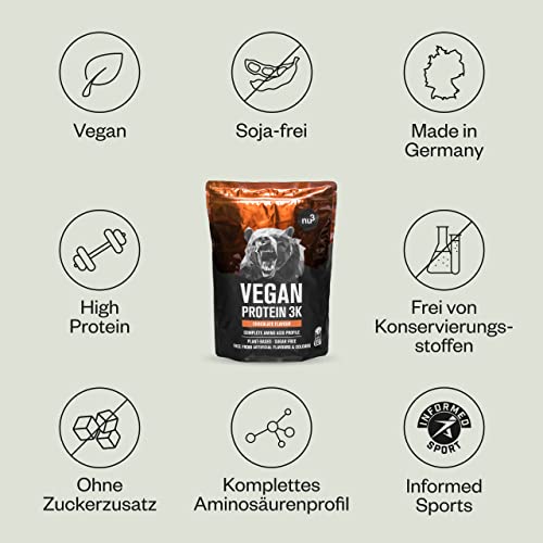 Foto von nu3 Vegan Protein 3K Shake (1kg) - vegan Protein Pulver Schoko mit Sonnenblumen Proteinpulver, Reisprotein & Erbsenprotein - Mehrkomponenten Eiweiss , 71% Eiweiss