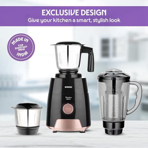 Image of Borosil Silverline RG 600 W Mixer Grinder | Wet & Dry Mixing, Grinding & Blending | 3 Jars (1.5 L Blending Jar, 1 L Grinder Jar, 0.4 L Chutney Jar) | Mixie For Kitchen, White | 2 Years Warranty