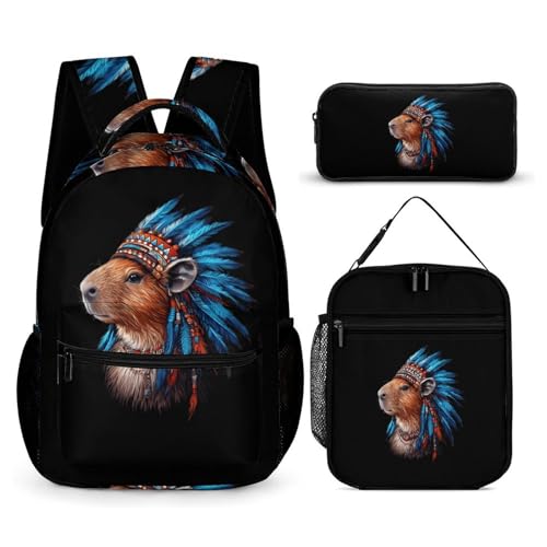 Vintage Capybara Indian Chief Cute Backpacks Set Lightweight Lunch Bag Aesthetic Pencil Cases for Travel Work