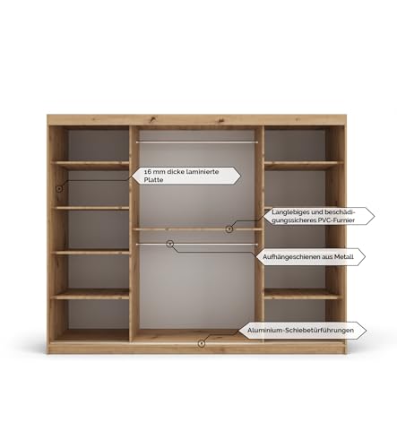 MEBLE KRYSPOL Kleiderschrank mit Spiegel Verona 2 - Garderobenschrank - Schrank Schlafzimmer - Mehrzweckschrank DREI Schiebetüren - Regalen - Flur Möbel - Kleiderstange Schrank - Allzweckschrank