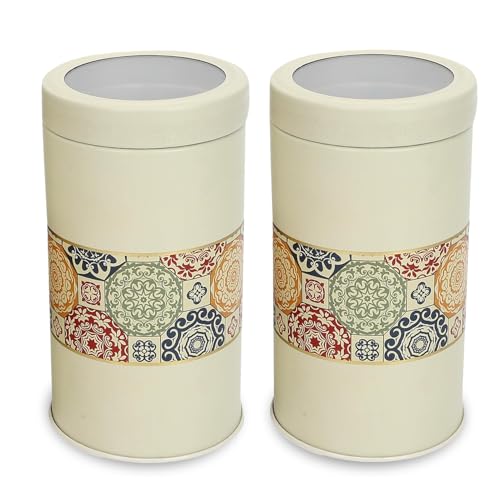 Image of Mandala Collection Airtight Kitchen Container Set| 850ML- Set of 2| Food Grade Metal Jars for Cereals, Cookies, Dal & Dry Food Storage| Vacuum Lid, Rust Resistant| Beige Rangoli Canisters