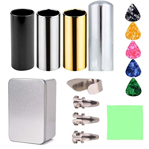 TREELF Guitar Accessories Set Including 4PCS Medium Guitar Slides, 5PCS Guitar Picks, 4PCS Thumb & Finger Picks,1PCS Cleaning Cloth,1 Metal Box