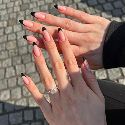 JUSTOTRY 24 uñas de almendra para pegar cortas, color negro, purpurina francesa, uñas postizas, Pretty Stiletto Press on uñas con pegamento de uñas, uñas falsas cortas para mujeres Cover