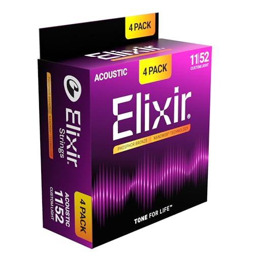 Elixir Cuerdas Strings de bronce fosforado para guitarra acústica con tecnología NANOWEB, luz personalizada (.011 .052), paquete de 4 unidades especial de Amazon