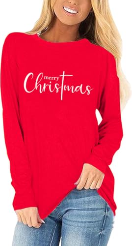 Womens Long Sleeve Christmas Tree Graphic Tees Casual Merry and Bright Snowflake Santa Claus T-Shirts Tops(26-79-E21,L)