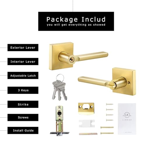 Linkaa Brass Gold Interior Door Handle with Lock and 3 Key, Privacy Door Lever for Bedroom and Bathroom Front Door Office, Reversible Lever Indoor Interior（Gold，Privacy Lock with 3 Keys，1 Pack） by Linkaa - Used condition - Image 4