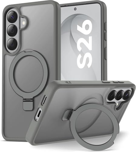 Image of DIZORO Polycarbonate Magnetic Ostand Ring Basic Case Fit Compatible with Samsung Galaxy S26 Case, Compatible with Wireless Charging,Military Grade Drop Translucent Hard Tested Back Cover (Grey)