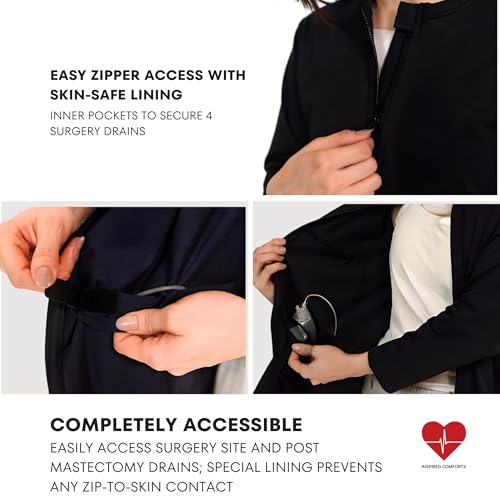 Inspired Comforts Women's Mastectomy Recovery Full Sleeves Front Open Zip Up Shirt with Drain Pockets2