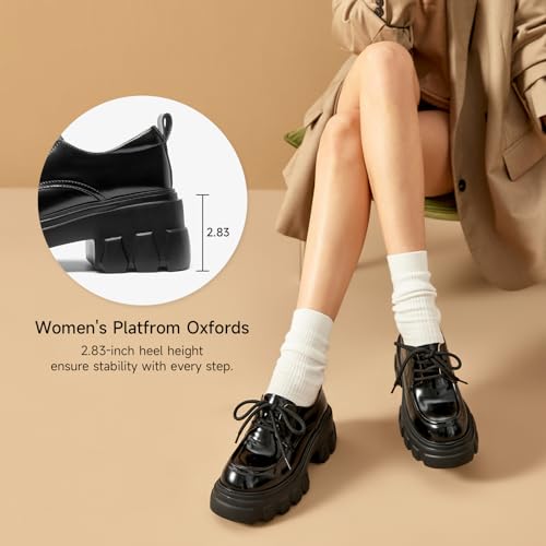 Image of BEAU TODAY Platform Oxfords for Women, Oxford Shoes for Women, Chunky Leather Lace Up Oxfords,Casual Comfortable Breathable Non-Slip Dress Shoes for Work Business