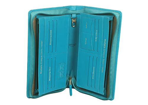 Image of Sukeshcraft Multiple Cheque Book Holder | Original PU Holds Upto 8 Cheque Books, Locker Key Hook, 2 Photo Slots, 1 Pin-Sim Slot, 13 Credit /Debit Card Slots with Matching Zipper (PU -Sea Green)