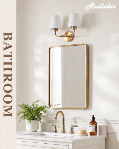 Image of Brushed Gold Bathroom Light Fixtures with White Fabric Shades | 2-light vanity light for bathroom hallway bedroom stairway, modern double wall sconces, AD-25052-2W-GD