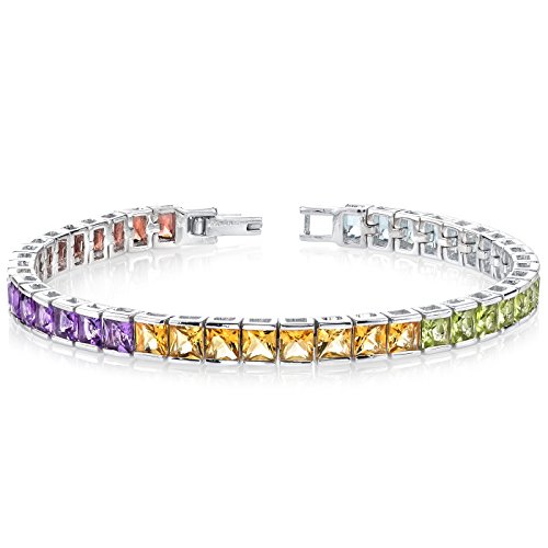 Peora 15 Carats Garnet, Amethyst, Citrine, Peridot, Swiss Blue Topaz Rainbow Multi-Color Tennis Bracelet For Women 925 Sterling Silver, Genuine Gemstones Aaa Grade, 7.75 Inches Length #TOP16