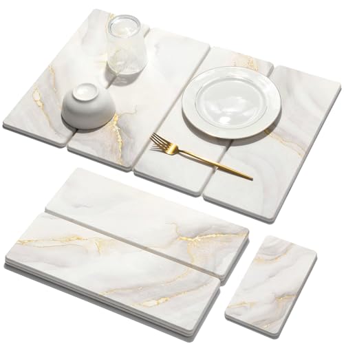 2 PCS Large Stone Dish Drying Mat for Kitchen Counter Quick Dry Stone Dishes Mats Marbled Water Absorbing Diatomaceous Earth Drying Pad for Countertop Bottles Utensils Cups (Gold White 24