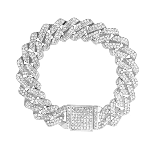 DOJUTI Mens Cuban Link Chain Iced Out Miami Cuban Bracelet | 14mm Silver & Gold Plated Chains | Bling Diamond Hip Hop Jewelry For Men Women | Silver 7 inches |