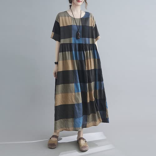 Moochy Vestido feminino de algodão e linho com estampa xadrez vintage O pescoço, meia mangas, bolsos