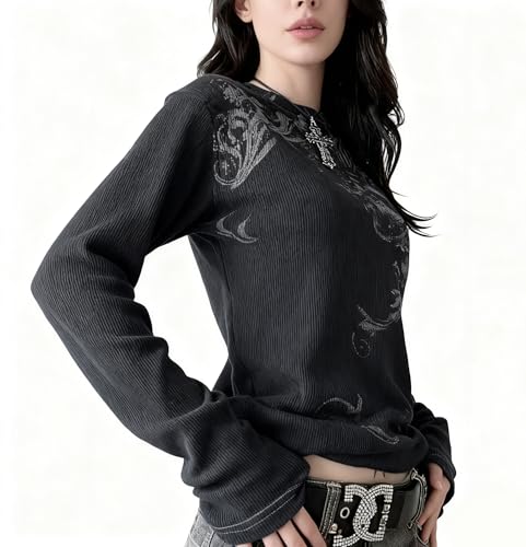 Image of Womens Y2K Gothic Graphic Ribbed Sweatshirts Vintage Punk Long Sleeve Tops Grunge Streetwear Going Out Clothes