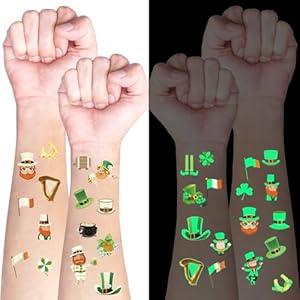 10 Sheets St. Patrick’s Day Temporary Luminous Tattoos, 180 Pcs Clover Shamrock Tattoos Stickers Irish Parade Day Face Body Decorations Party Favors Supplies for Kids Boys Girls