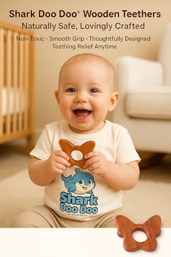 Image of Shark Doo Doo Neem Wood Baby Teether | Organic & Handcrafted | Chemical-Free, Paint-Free, Antibacterial Teething Toy for Infants & Toddlers - Natural Wooden Teether (Butterfly)